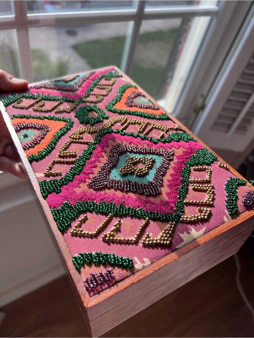 Embellished Hinged Wood Box with Decorative Beads & Stitching Detail